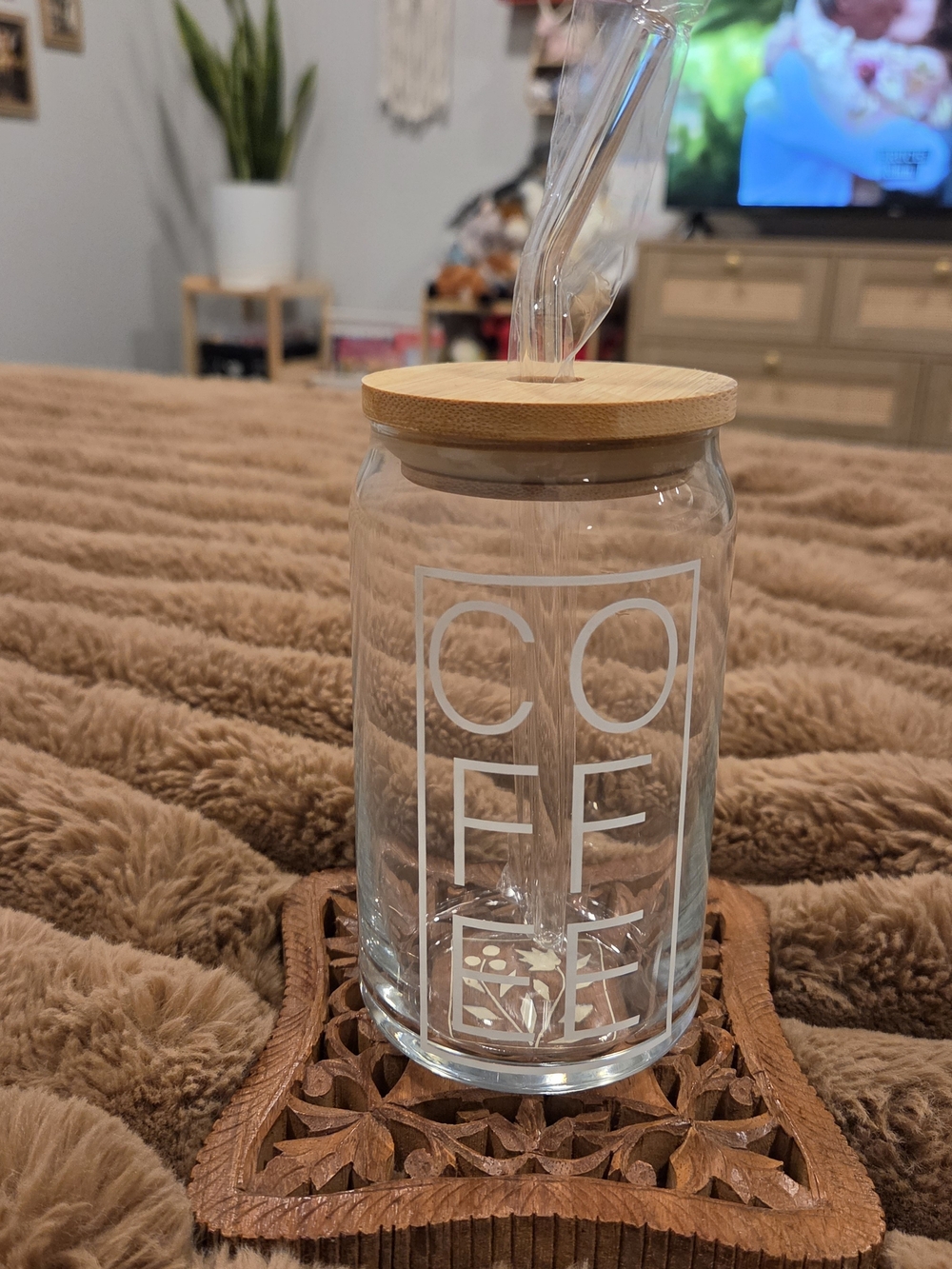 Source Unknown Clear Glass Coffee Jar with Natural Bamboo Lid and White Print